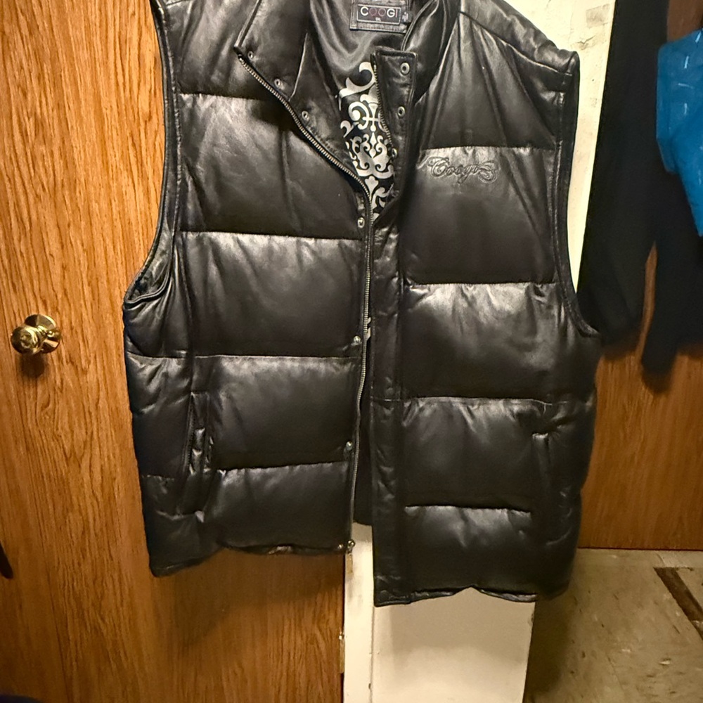 COOGI Black Leather Jacket with Orange Lining